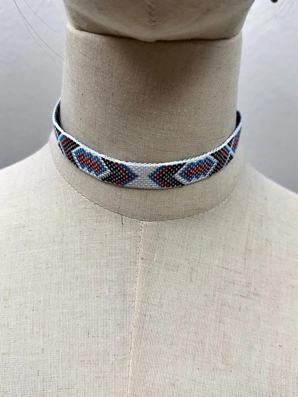 White Blue Red Woven Choker Necklace Geometric Boho Adjustable Necklace